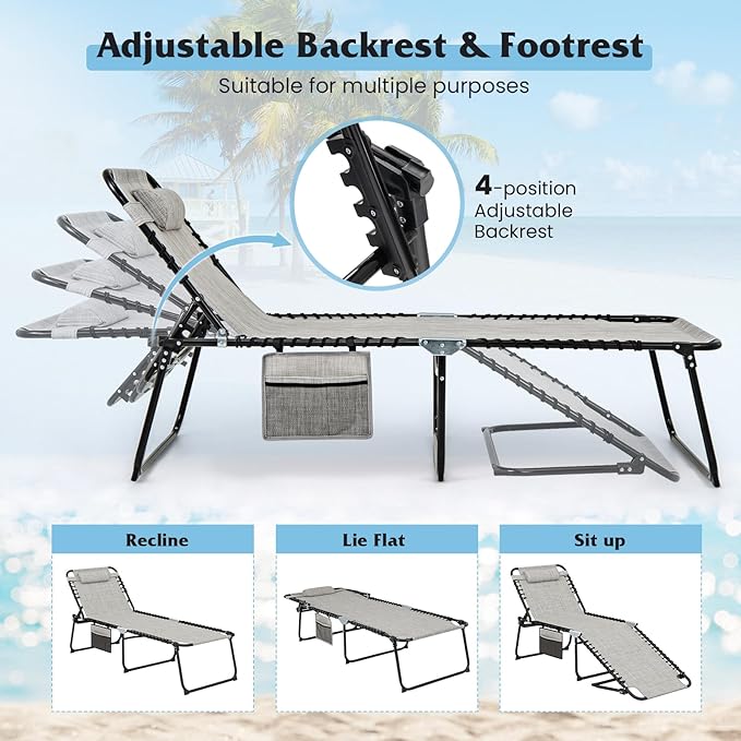 GYMAX Lounge Chair for Outside, 440lbs 27” Oversize Folding Beach Tanning Sunbath Chair with Adjustable Backrest & Removable Pillow, Lightweight Portable Patio Lounger for Lawn Poolside (1, Grey)