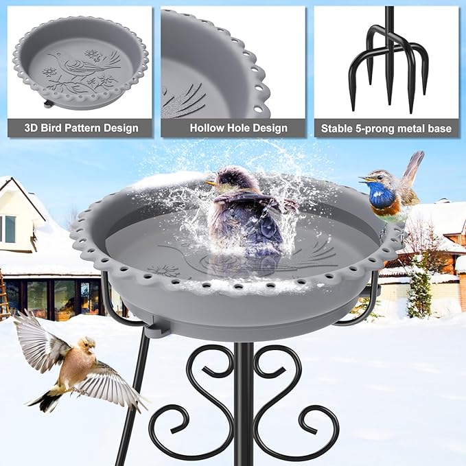 Heated Bird Baths for Outdoors,Upgraded 100W Thermostat Control Heated BirdBaths for Winter with Metal 5 Prong Base Heated Bird Bath for Outside Winter Garden Yard Patio Lawn (Grey)