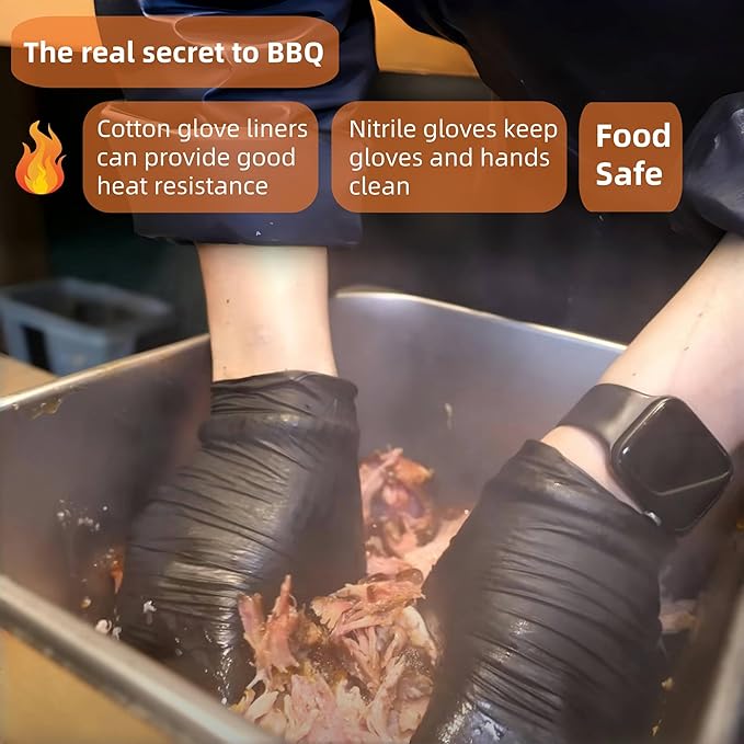 BBQ Gloves Disposable Heat Resistant - 4 Reusable Cotton Liners & 100 Nitrile Gloves for Barbecue Smoker, Grilling, Cooking Hot Meat, Food Prep - 5Mil, Non-Slip Grip, Black Large