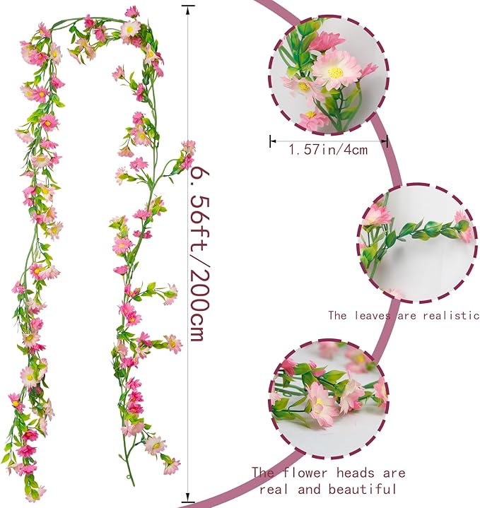 CISDUEO Artificial Daisy Flowers Vine Silk Wildflower Garland Spring Fake Flower Vine Hanging Ivy Pink Daisy Flowers Plastic Green Leaves for Mantle Wall Party Wedding Arch Floral Decor Indoor Outdoor