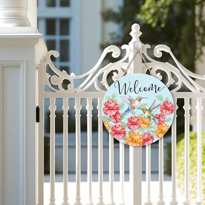 Summer Hummingbird Welcome Door Sign Floral Birds Sign for Front Door Wall Decor Summer Flower Wooden Door Hanger Seasonal Wreath Farmhouse Hanging Home Outdoor Decorations 12 Inch