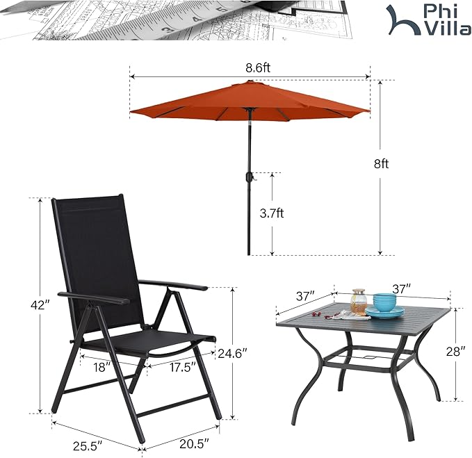 PHI VILLA Outdoor Patio Dining Set for 4 with 9ft Patio Umbrella (No Base), Outdoor Table and Chairs with Adjustable Patio Folding Chair & 37" Metal Dining Table for Garden, Yard and Deck
