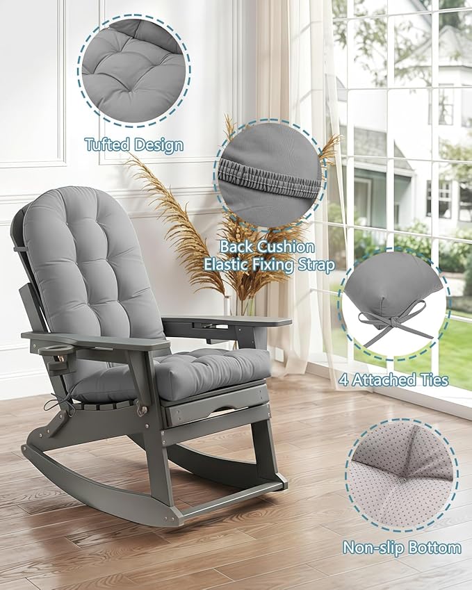 Adirondack Chair Cushion Set of 2, Thickened Patio Chair Cushions with Ties, Waterproof and UV-Protected Rocking Chair Cushion for Indoor and Outdoor, Grey.