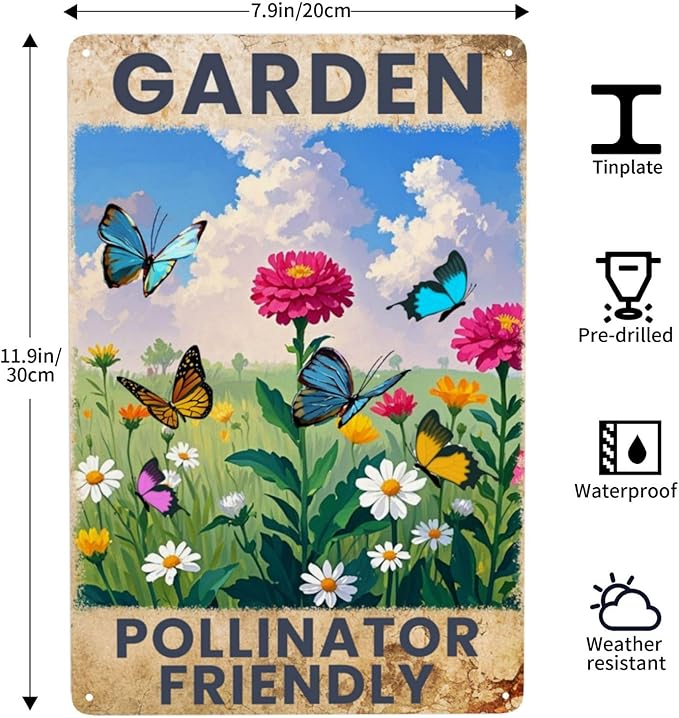 Garden Signs Pollinator Friendly Metal Tin Signs Flowers Signs 8x12 Inch Outdoor Wall Decor