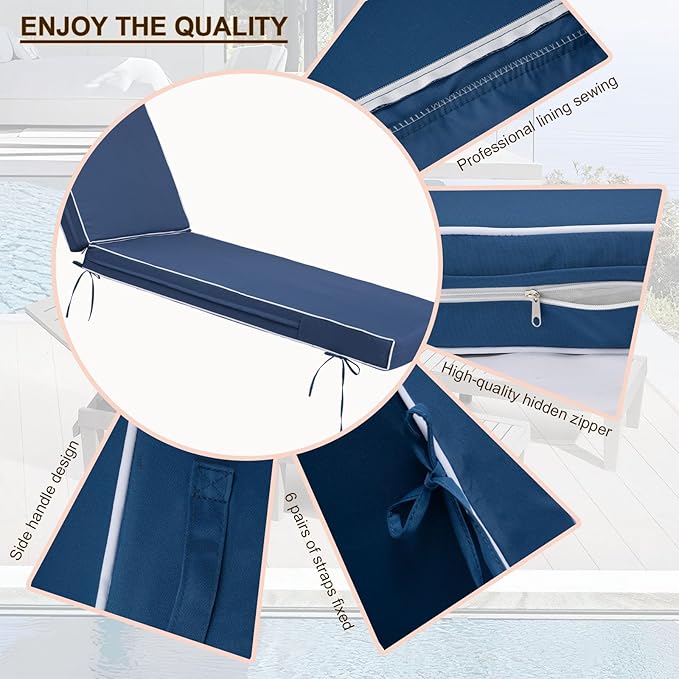 Outdoor Chaise Lounge Cushions, 4 Inch Thick Waterproof Fade Resistant Patio Furniture Lounger Chair Cushion Pad for Pool (1, Blue + White Side, 72'' L x 21'' W x 4" T)