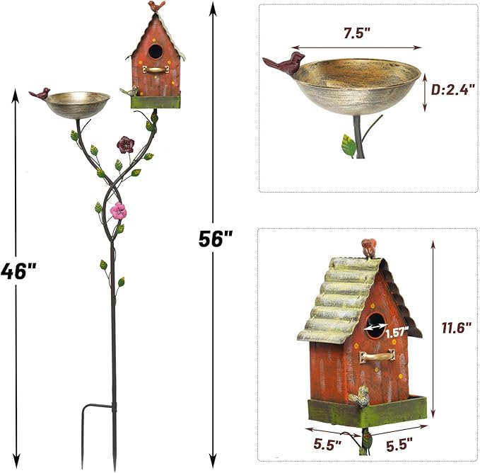 56" H Bird Baths for Outdoors,Metal Bird Bath,Birdhouse Garden Stakes,Birdhouses for Outdoors,Garden Yard Decor