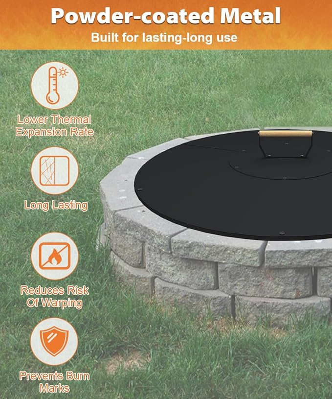 32" Wooden-Handle Fire Pit Lid for Pits up to 30", Round Metal Bonfire Pit Burner Pan Cover, Smokeless Fire Pit Cover for Fire Tables, All-Weather Resistance Outdoor Firepit Accessory