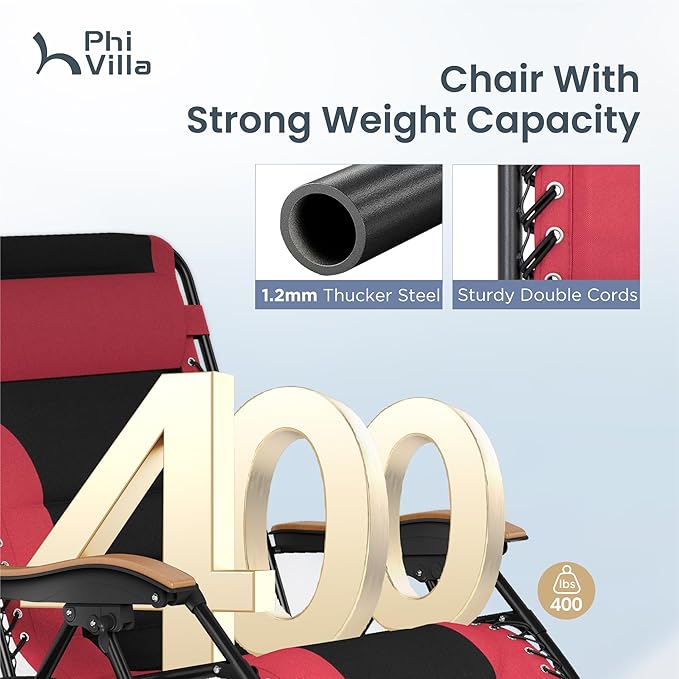 PHI VILLA XXL Oversized Padded Zero Gravity Chair, Foldable Patio Recliner, 30" Wide Seat Anti Gravity Lounger with Cup Holder, Support 400 LBS (Red)