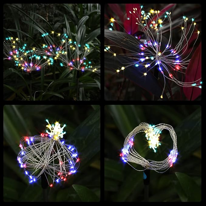 FOOING 6 Pcs Solar Garden Lights Solar Firework Lights, 200 LED String Light 2 Modes Twinkling Nightlight for Outside, Wedding, Party, Patio for Home Decor (Colorful)