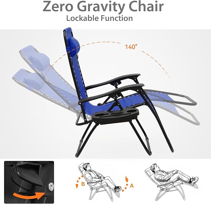 Zero Gravity Chairs, Portable Folding Reclining Lounge Chairs with Adjustable Pillow and Cup Holder Trays for Outdoor, Patio, Beach, Camping, Garden, Poolside, Set of 2 Royal Blue