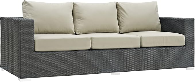 Modway EEI-1860-CHC-BEI Sojourn Wicker Rattan Outdoor Patio Coffee Table, Sofa, Canvas Antique Beige