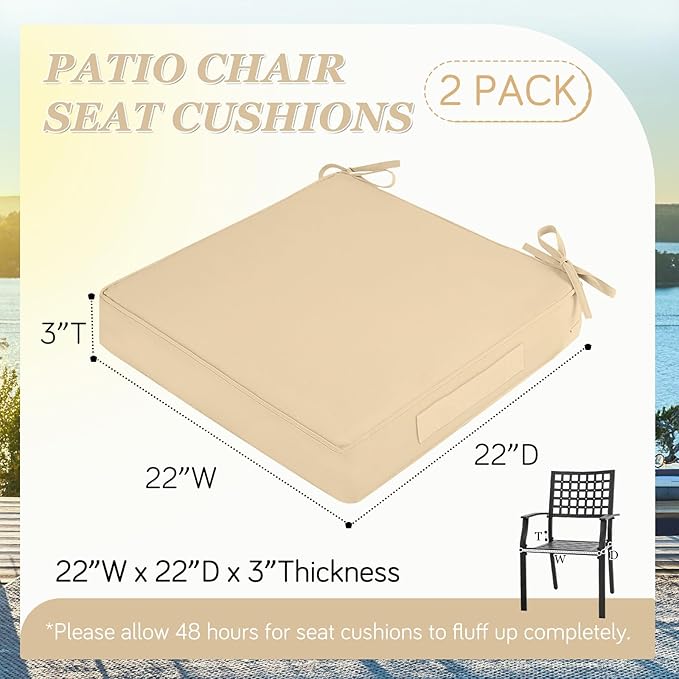 Waterproof Outdoor Chair Cushions Set of 2, Square Outdoor Seat Cushions with Ties and Removable Covers, 22 x 22 Outdoor Cushions for Patio Furniture with Portable Handle(Beige)