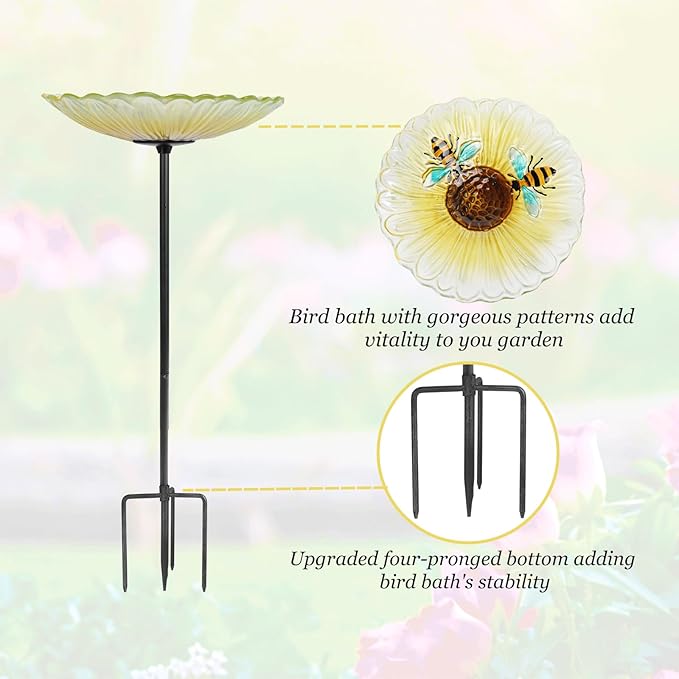 Bird Baths for Outdoors, Glass Birdbaths Outdoor Garden Birdfeeder with Metal Stake for Lawn Yard Decor, 24 Inch Height, Yellow