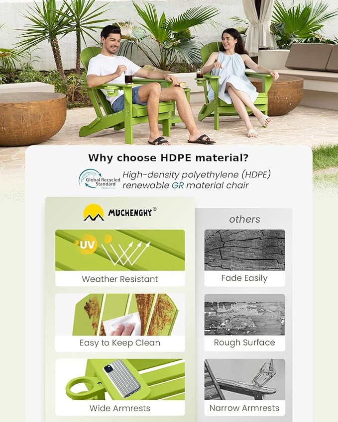 MUCHENGHY Folding Adirondack Chairs, Patio Chairs, Lawn Chairs, Outdoor Chair, Adirondack Chair Plastic, Fire Pit, Weather Resistant with Cup Holder for Deck, Backyard, Garden(Lemon Green)