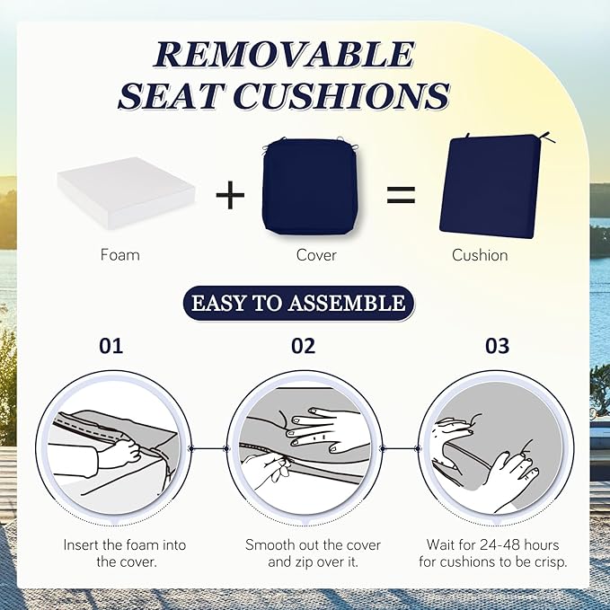 Waterproof Outdoor Chair Cushions Set of 2, Square Outdoor Seat Cushions with Ties and Removable Covers, 19 x 19 Outdoor Cushions for Patio Furniture with Portable Handle(Navy)