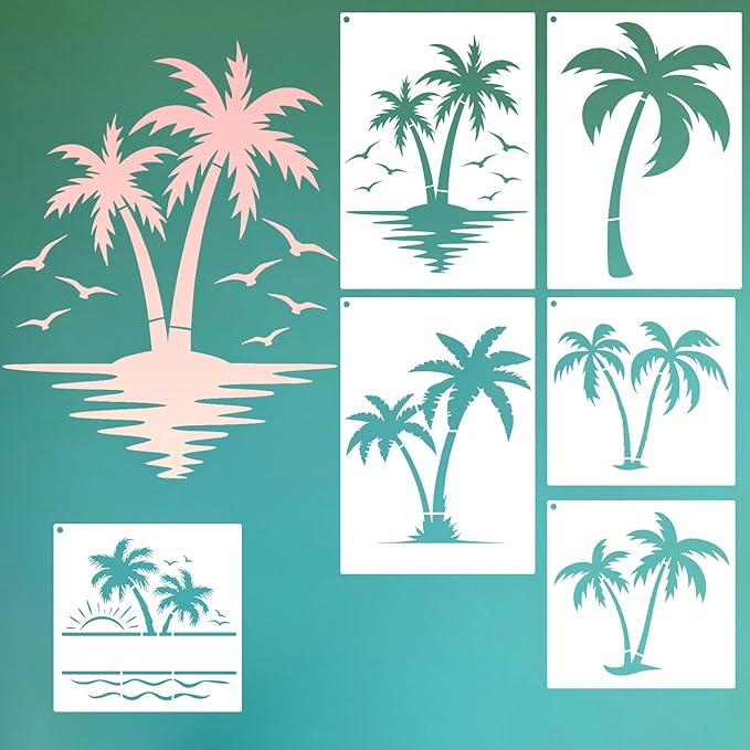 6 Pcs Palm Tree Stencils, 8.26x11.8inch Reusable Beach Stencils for Painting On Wood, DIY Paint Palm Tree Stencil for Craft, Wall Home Decor, Canvas, Walls (D)