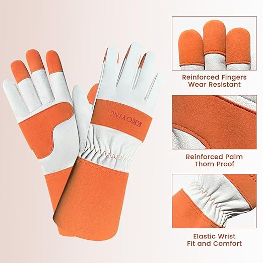 Gardening Gloves, Long Thorn Proof Garden Gloves for Women and Men, Goatskin Breathable Leather Work Gloves for Gardening, Pruning, Yard Work, Brown, XS
