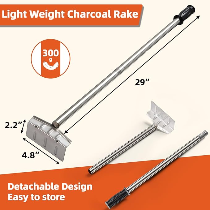 BBQ Charcoal Rake, 29 Inch Grill Ash Removal Rake for Fireplace Wood Stove Pizza Oven, Stainless Steel BBQ Cleaner Poker Scraper, Heavy Duty Barbecue Grilling Utensils Tool for Smoker,Ceramic,Kamado