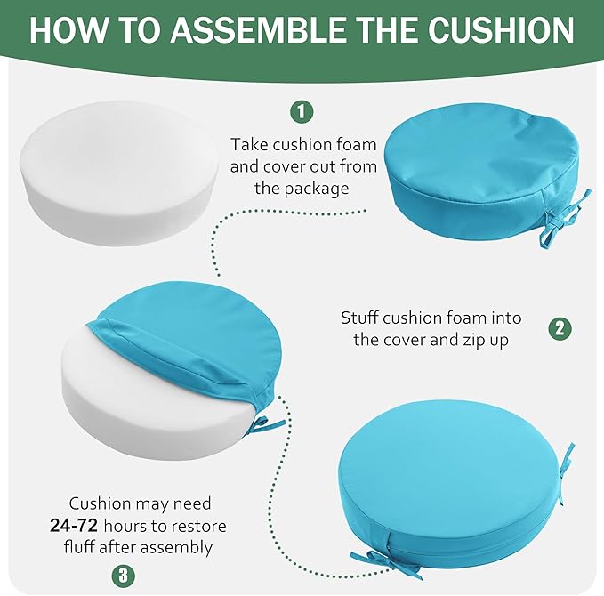 Outdoor Bistro Chair Cushions Set of 2, 15" D x 3" H Round Chair Cushions Waterproof and Fade Resistant Chair Cushion Pads with Non-Slip Ties and Removable Covers for Garden, Teal