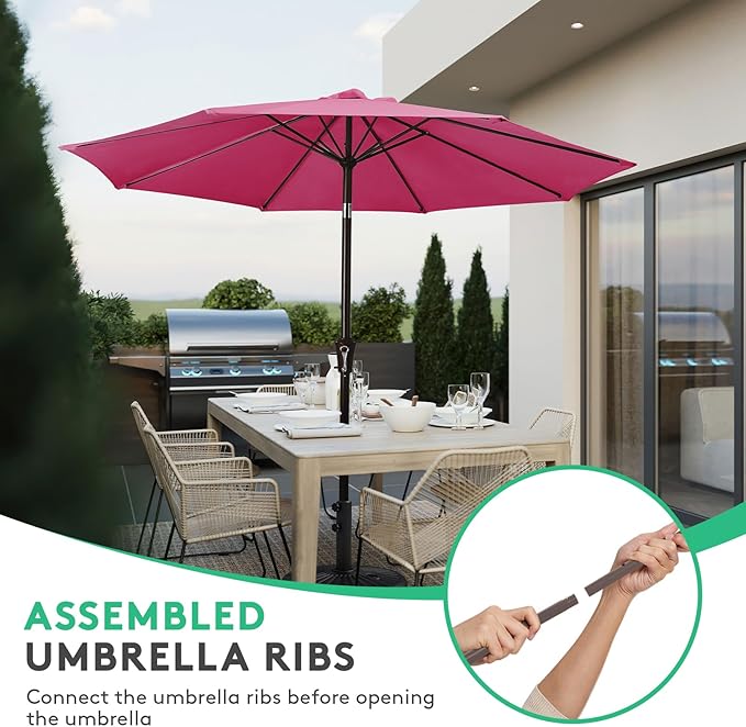 JEAREY 10FT Outdoor Patio Umbrella Outdoor Table Umbrella with Push Button Tilt and Crank, Market Umbrella 8 Sturdy Ribs UV Protection Waterproof for Pool, Garden (Rose Pink)