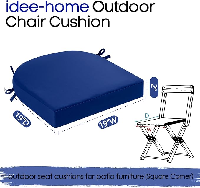 idee-home Outdoor Chair Cushions Set of 4, Thick 19" x 19" x 2" Outdoor Seat Cushions Patio Furniture Waterproof with Ties, Dining Pads