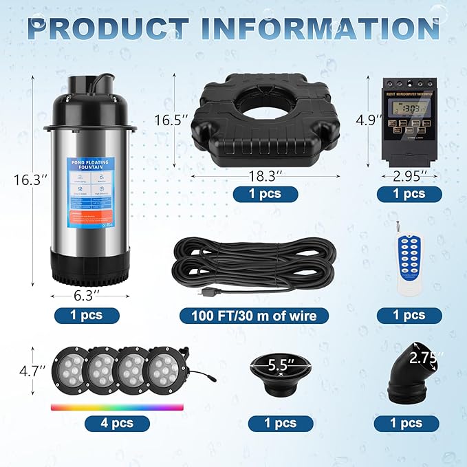 Upgraded Pond Fountain Aerator with 4 Color-Changing Mood Lights, 1HP 750W 110V 15000 GPH, Stainless Steel Body, 100ft Cord & Timer for Ponds & Lakes
