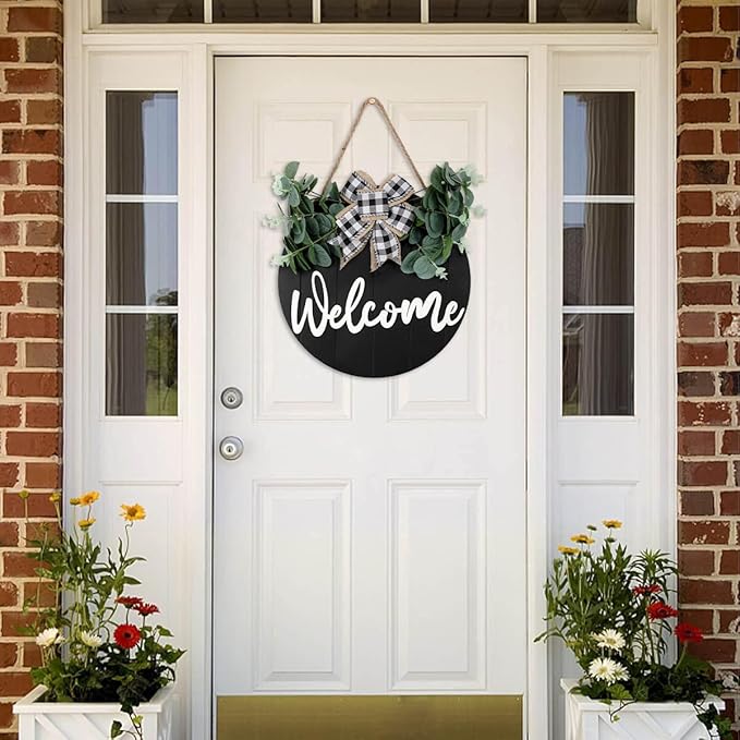 3D Front Door Welcome Wreath - Farmhouse Welcome Sign for Front Door - Vertical Concave Stripes Wooden Front Door Wreaths for Home Decor(Black) - Housewarming Gift