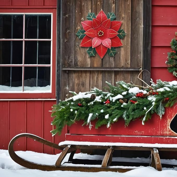 hogardeck Christmas Decorations Indoor, 11" Metal Flower Wall Decor, Poinsettia Floral Metal Wall Art, Xmas Wall Decor for Bathroom, Living Room, Porch, Garden, Yard