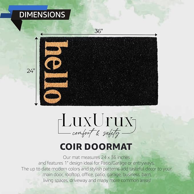 LuxUrux Hello Mats Outdoor Coco Coir Doormat, with Heavy-Duty PVC Backing - Natural - Perfect Color/Sizing for Outdoor/Indoor uses. 24 x 36 Inch