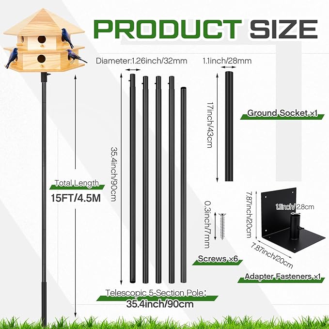 12 Room Purple Martin House Package, Deluxe Complete Birdhouse Kit with 15 ft Adjustable Pole, Ground Socket for Outdoor
