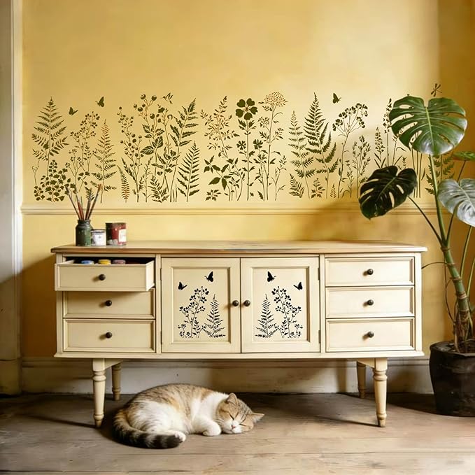 Botanical Wall Stencil Kit for Painting - Large Reusable Plastic Fern, Leaf & Flower Templates, 6 Pack DIY Seamless Stencils for Crafts, Canvas & Home DéCor Art