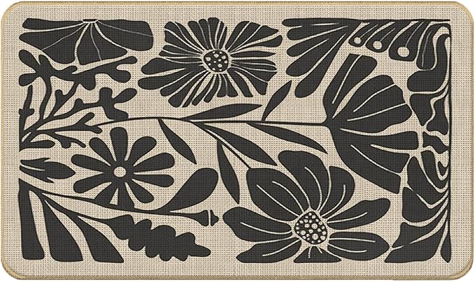 Boho Beige and Black Floral Door Mat - Bohemian Neutral Floral Front Door Welcome Mats Outdoor Entrance, 17x30 Rug