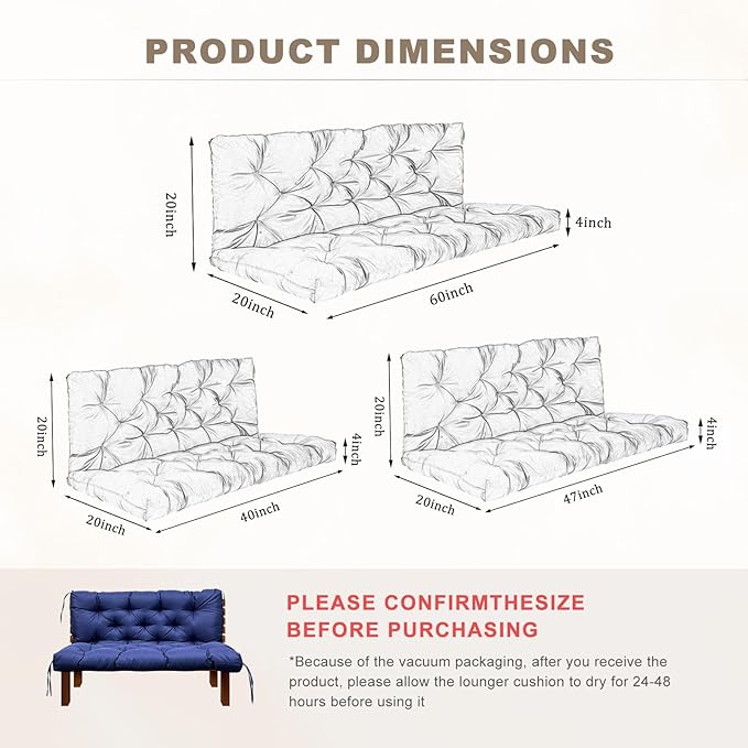 Porch Swing Cushion with Backrest,Waterproof Bench Cushion for Outdoor Furniture,2-3 Seater Replacement Thickened Swing Cushion with Ties,Patio,Outdoor,Backyard and Garden (Navy Blue,40x40)