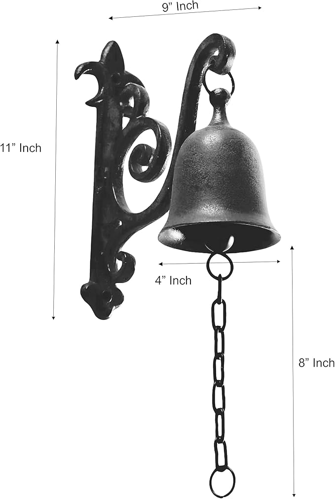 Vintage Cast Iron Dinner Bell as Entry Door Bell, Outside Hanging Decor or Indoor Decoration Wall Antique Farm and Front Gate Bell, Jet Black