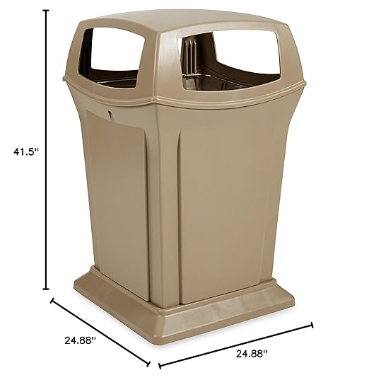 Rubbermaid Commercial Products Ranger Trash Can with 4 Opening Lid, 45 GAL, Beige Plastic, Outdoor for Stadiums/Parks/Shopping Plazas