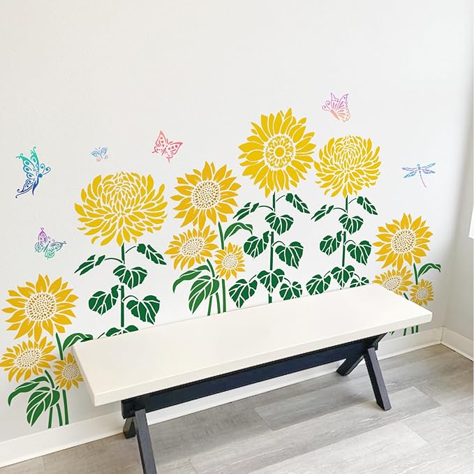 Large Flower Stencils for Wood Fence Outdoors Sunflower Floral Garden Fence Stencil for Painting on Walls Lace Crafts Reusable Home Canvas Furniture Paper (floral9)