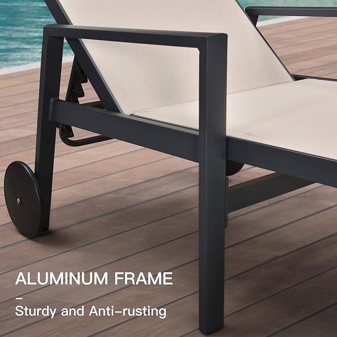 PURPLE LEAF 2 Pieces Outdoor Chaise Lounge Aluminum Patio Lounge Chair with Wheels and Armrests Outdoor Lounge Recliner Chair for Pool Backyard Beach Beige
