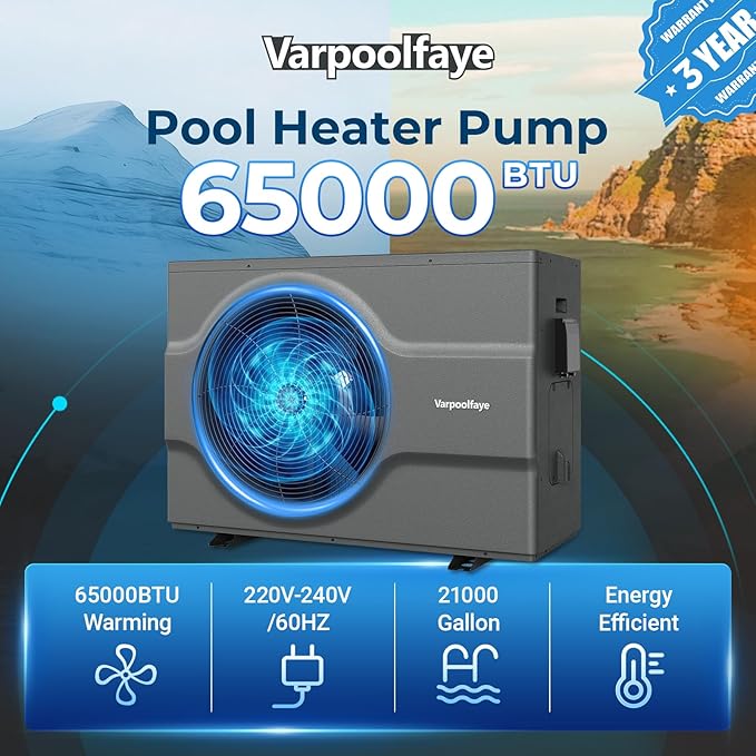 65,000 BTU Inverter Swimming Pool Heat Pump for In Ground Pools 21,000 Gallons Electric Pool Heater for Above Ground Pool Heating Cooling WiFi Control 220v