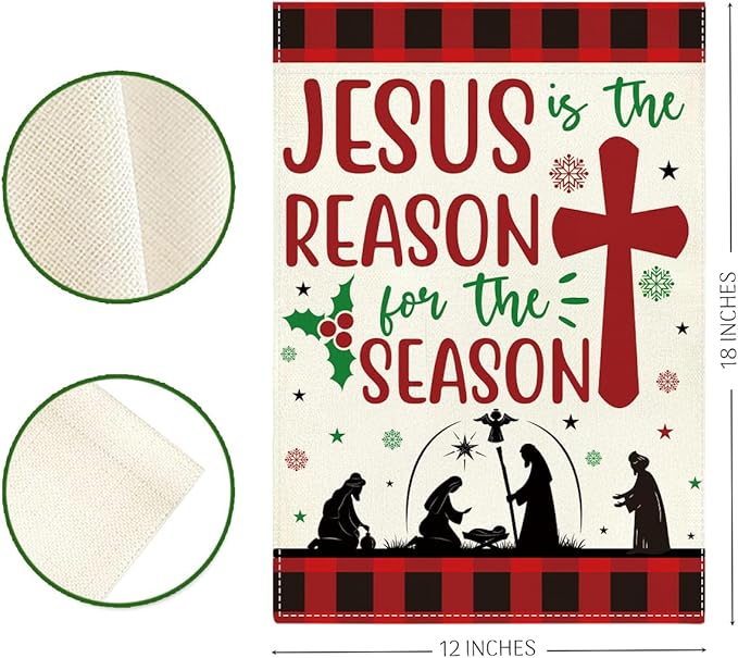 Jesus is the Reason for The Season Christmas Garden Flag Xmas Christian Nativity Winter Holiday Outside Outdoor Lawn Decorations Yard Flag Double Sided 12x18 Inch