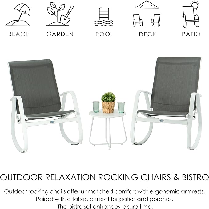 Kozyard Patio Rocking Chair Set of 3, Outdoor Contemporary Patio Rocking Sling Chair with Breathable Mesh Fabric Seat, Powder Coated Aluminum Frame for Patio, Porch, Yard, Garden