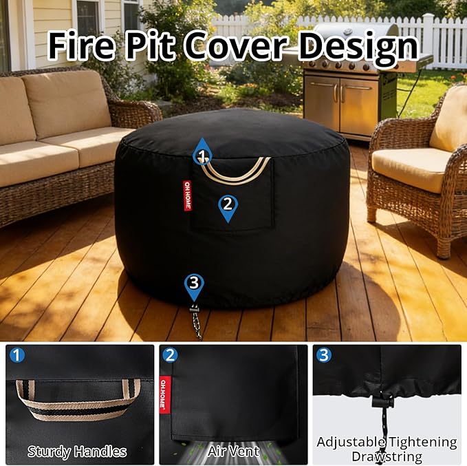 [2026 Upgraded 900D Fabric] 40 inch Fire Pit Cover Round for 37-40 inch Firepit, 900D Heavy Duty Waterproof Gas Fire Pit Cover with Air Vent,Handle,Tightening Drawstring,40" Dia x 20" H-Black