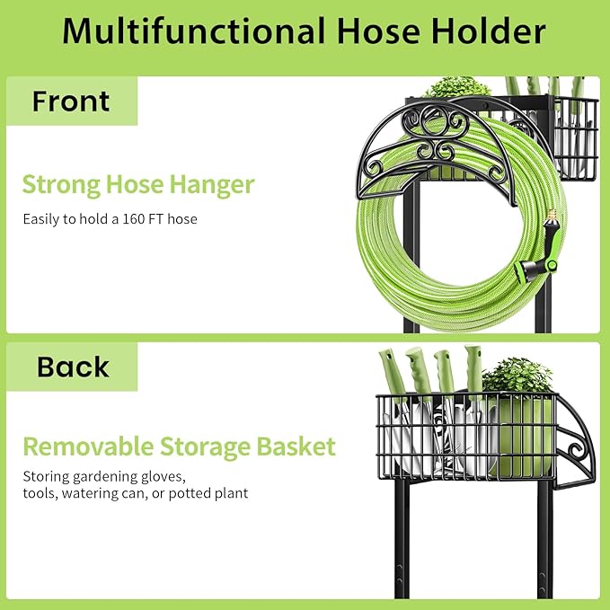 TomCare Garden Hose Holder with Large Storage Basket Heavy Duty Water Hose Holder Holds 160 Feet Hoses 4 Spikes Freestanding Hose Hanger Stable Hose Storage Organizer for Outside Yard