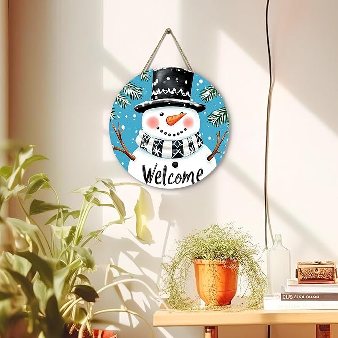 Winter Snowman Welcome Door Sign for Front Door Blue Snowman Snowflakes Wooden Door Hanger Holiday Hanging Porch Wall Sign Farmhouse Seasonal for Home Decorations 12 x 12 inch
