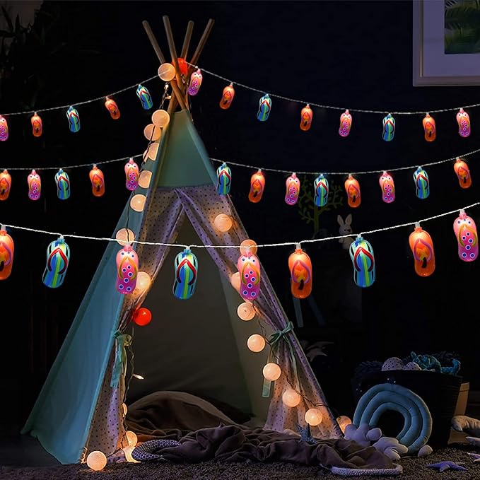 Multicolor Beach Flip Flop String Lights, 8.5Ft Beach Themed Outdoor Party Lights with 10 Multicolor Slipper Lights, Summer Ocean Decorations String Lights for Bedroom Camping Decks Party Lighting