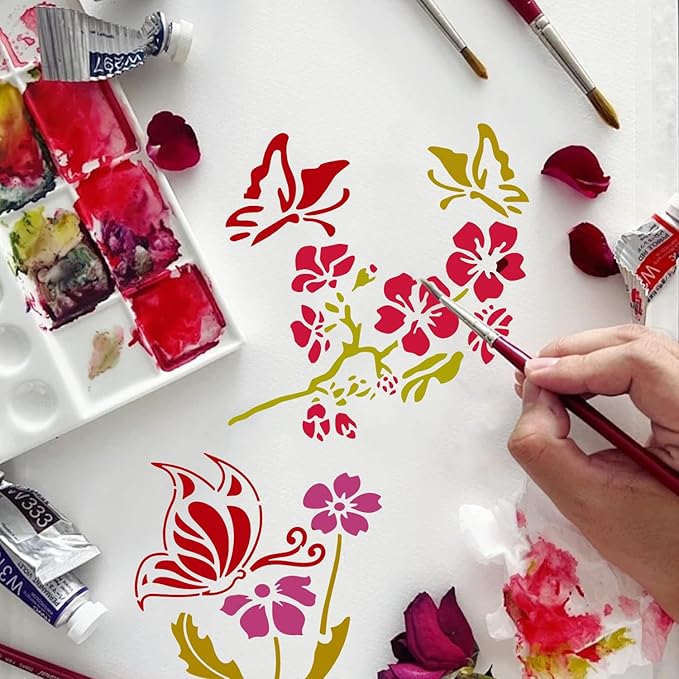 6 PCS Butterfly Stencil Reusable Flying Butterfly Template Plastic Nature Floral Stencils for Painting on Wood Walls Fabric Furniture Floors Home Decor DIY Craft Wood Sign 11.8 x 6.3 Inch