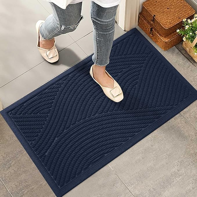 Sturdy Front Door Mat, Absorbent Muddy Dirt Resist Welcome Door Mats Outdoor Indoor, Stain and Fade Resistant, Non-Slip Backing Entry Mat Low Profile Doormat for Entryway, 29×17, Blue