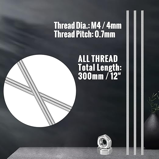 LEIFIDE 8/32 Inch 4mm Threaded Rod with Hex Nuts 4mm Stainless Steel Threads Studs Rods Stainless Steel Fully Threaded Hex Nuts for Beaded Garden Stake Rods(24 Pcs,12 Inch)