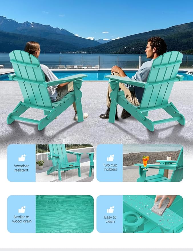 Folding Adirondack Chair, Wooden Textured Plastic Adirondack Chairs with 2 Cup Holder, Weather Resistant HDPE Fire Pit Chair, Outdoor Patio Chairs for Garden, Backyard, Lawn, Deck, 380LBS, Lake Blue