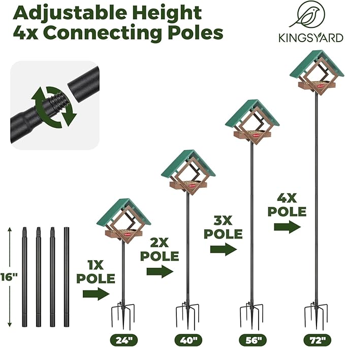 Kingsyard Large Platform Bird Feeder with Metal Mesh Tray, Pole Mount Adjustable Bird Feeders with Weather Protective Top, 4 lbs Seed Capacity, Brown