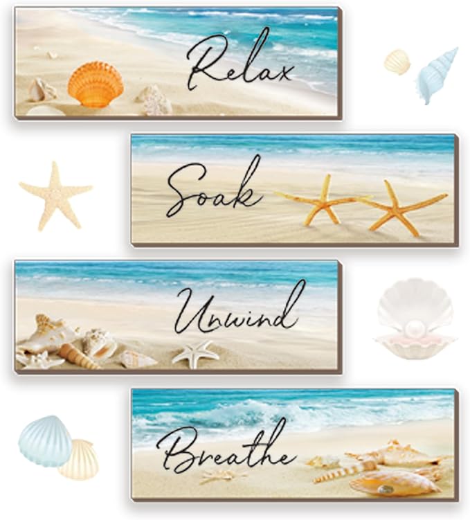 ZINYAZHE 4 Pieces Beach Bathroom Decor Ocean Beach Wall Decors Relax Soak Unwind Breathe Blue Wall Art Wooden Seashell Sea Beach Decorations for Bathroom Living Room Laundry Spa Washroom(12x3.5 Inch)